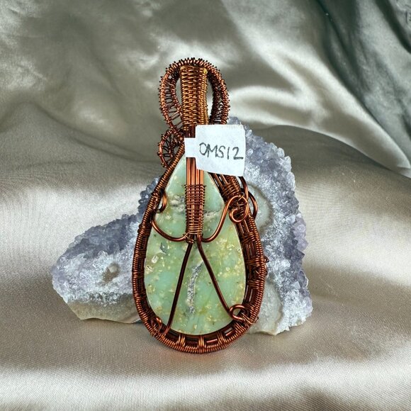 Handmade Copper Wire Wrapped Green Chrysoprase Teardrop Pendant Necklace Jewelry - Picture 2 of 4